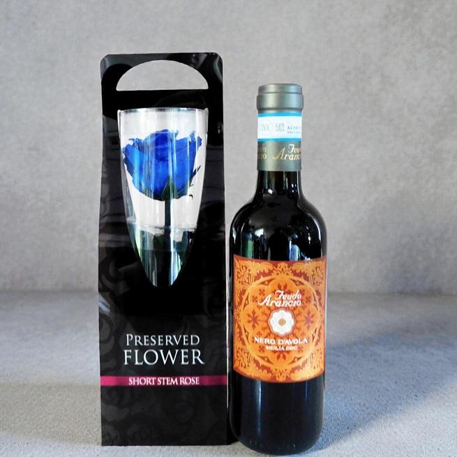 赤ワイン（ハーフ）&　青いバラ プリザーブドフラワー 1輪 ギフトセット