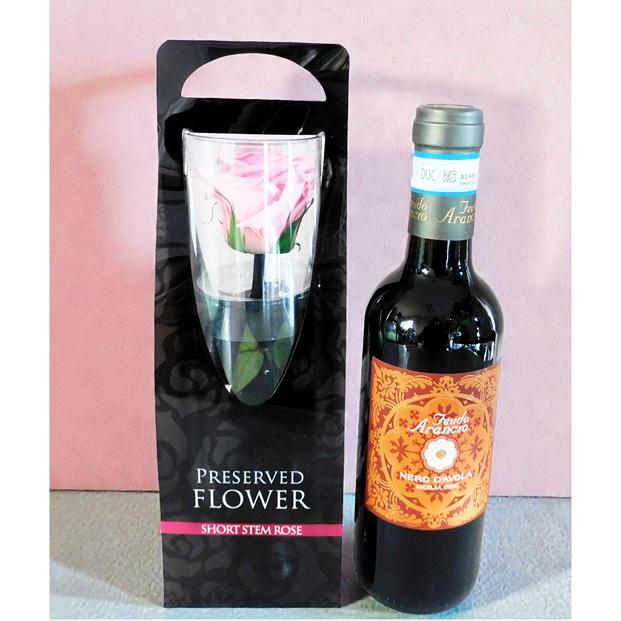 赤ワイン（ハーフ）&　ピンクローズ プリザーブドフラワー 1輪 ギフトセット